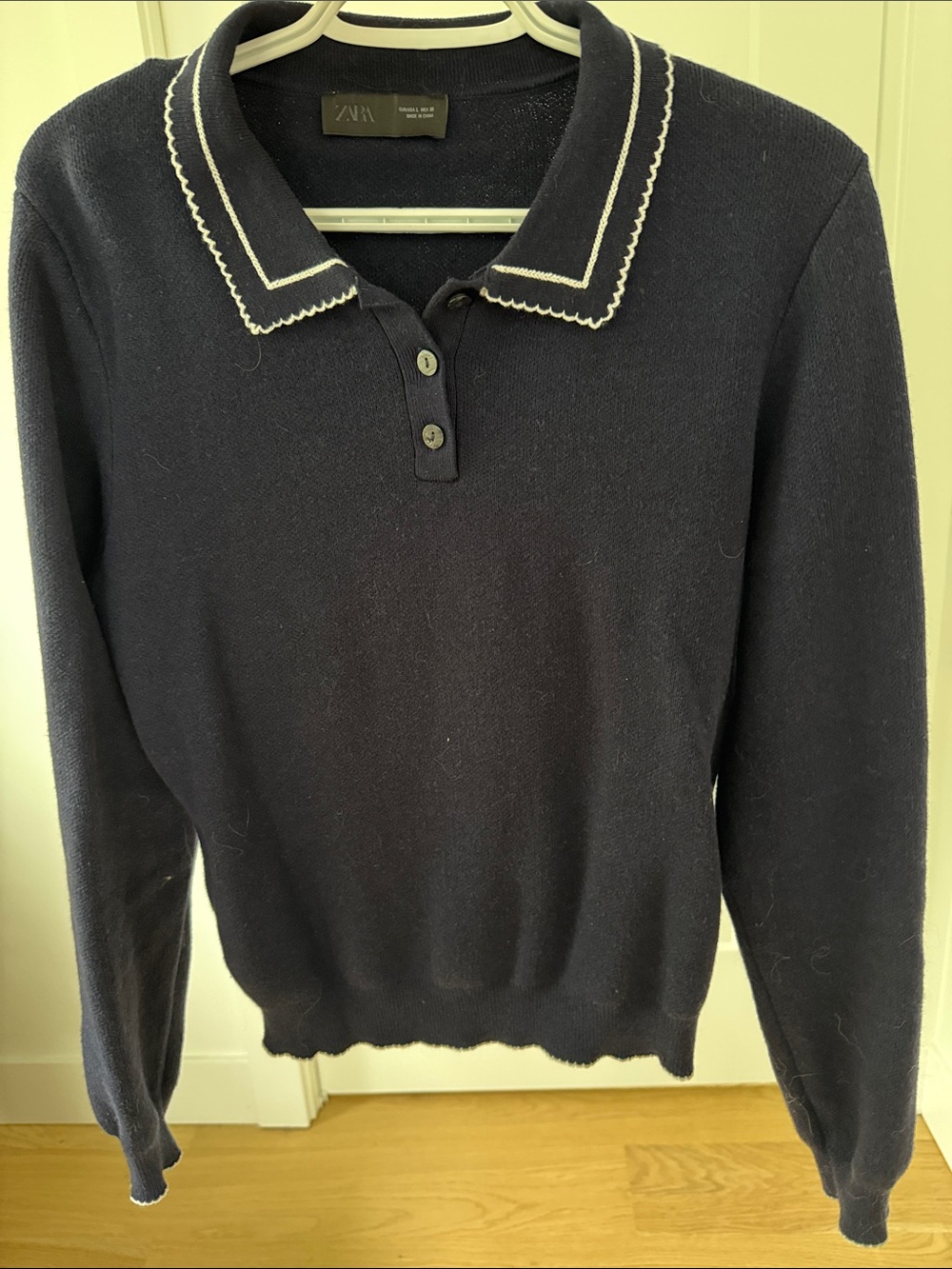 Zara Navy Polo Knit Sweater with Cream Scalloped Trim